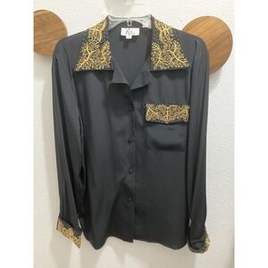 Fiji Sport Women's Size 14 Button Up Shirt Black Gold Embroidered Trim Office